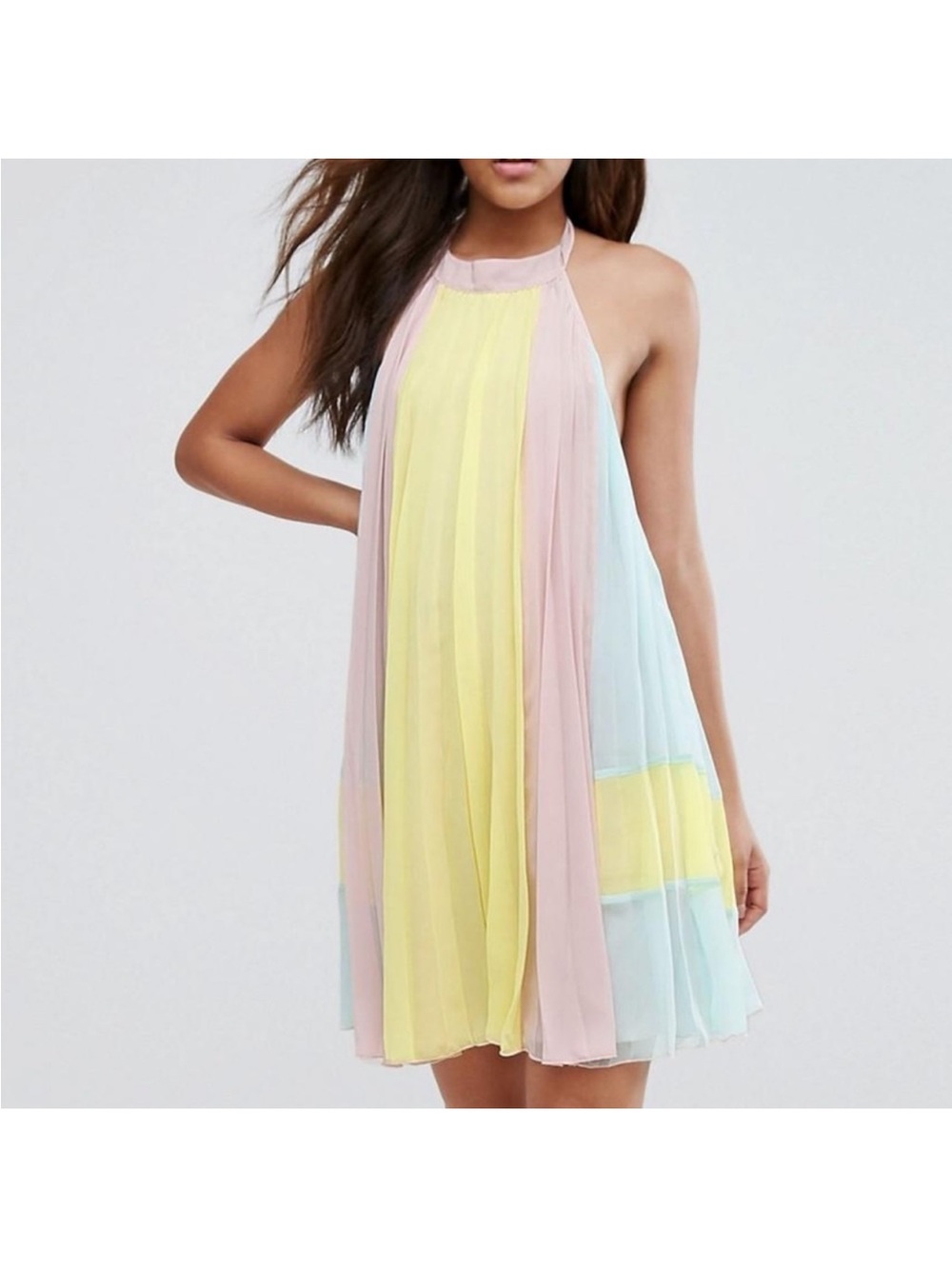ASOS Pastel Pleated Color-block Trapeze Mini Dress Lined Halter Open Back Sz 14